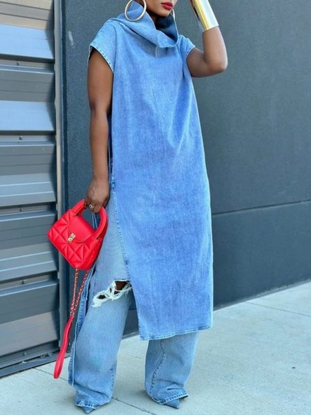Casual Plain Side-Slit Turtleneck Denim Top, Blue, Tops