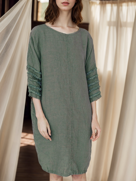 

STYLE WE x CHILLINEN | Crew Neck Plain Loose Linen Blouse, Green, Blouses and Shirts