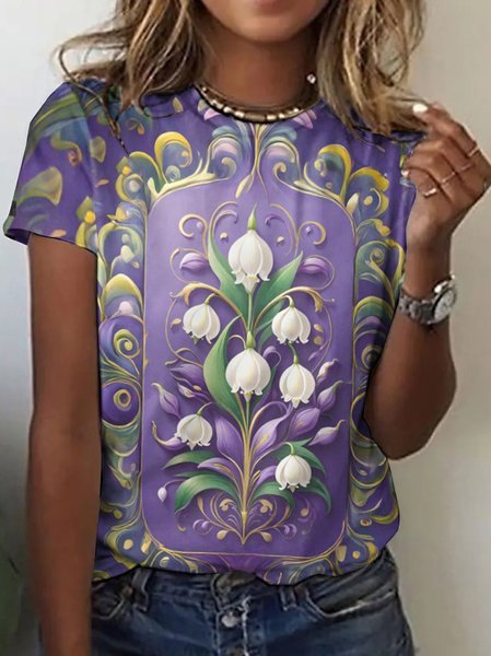 

Casual Floral Art Print Crew Neck Short Sleeve T-shirt, Purple, T-shirts