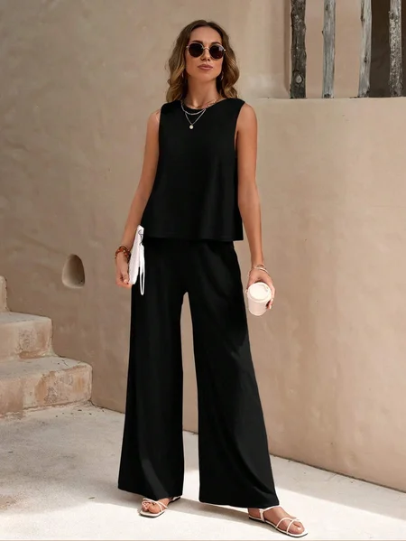 

Women's Plain Daily Going Out Two-Piece Set Apricot Casual Summer Top With Pants Matching Set, Black, Two-pieces