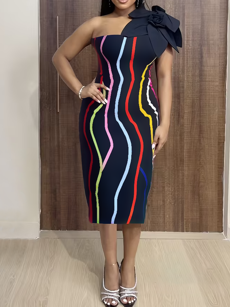 

Elegant Striped 3D Floral Midi Dress, Black, Midi Dresses