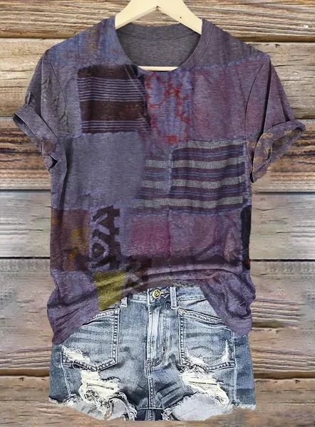 

Vintage Color Block Art Print Crew Neck Short Sleeve T-shirt, Purple, T-shirts
