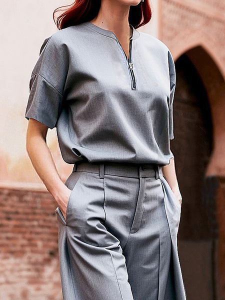 Urban Plain Buttoned Short Sleeve Blouse, Gray, Blouses and Shirts