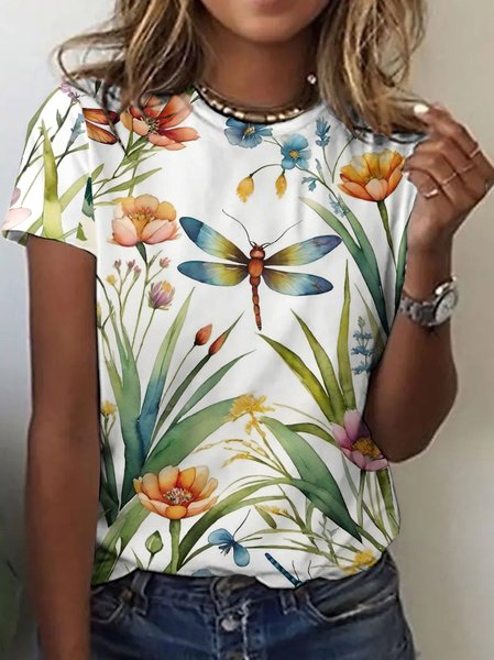 

Casual Floral Art Print Crew Neck Short Sleeve T-shirt, White, T-shirts