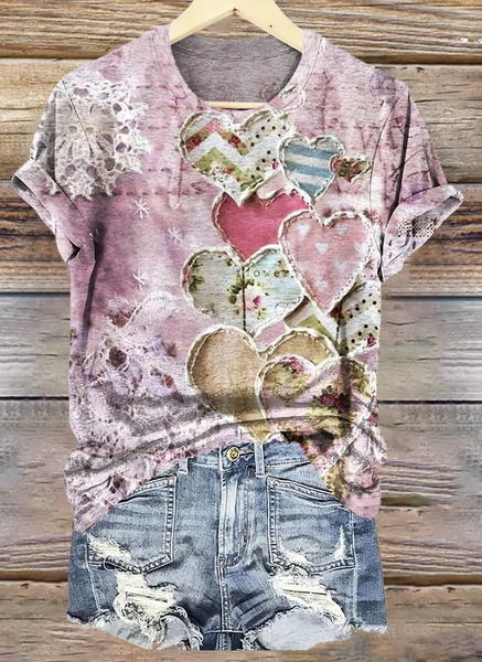 

Vintage Love Heart Print Crew Neck Short Sleeve T-shirt, Pink, T-shirts