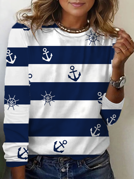 Casual Striped Crew Neck Long Sleeve T-shirt, Navy blue, T-shirts
