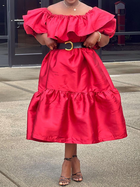 Elegant Plain Balloon Sleeve Gathered Cold Shoulder Midi Dress No Belt, Red, Midi Dresses