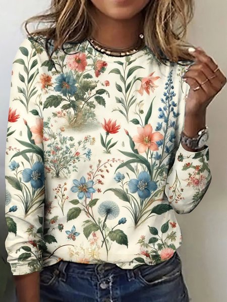

Casual Floral Art Print Crew Neck Long Sleeve T-shirt, White, T-shirts