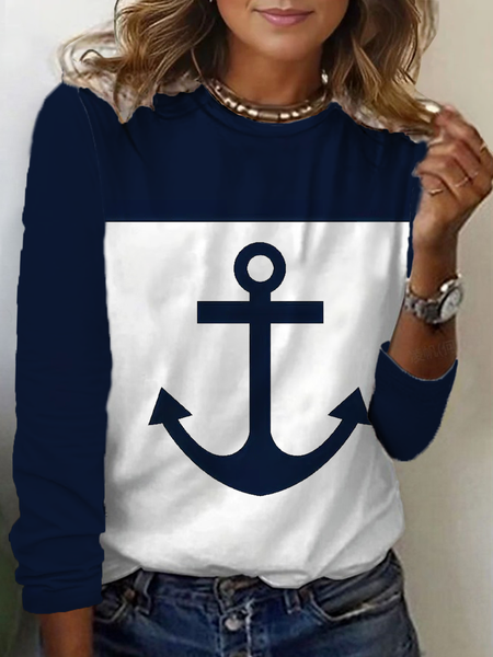

Women's Anchor Long Sleeve Tee T-shirt Crew Neck Printing Casual Spring/Fall Graphic Tee Top, Navy blue, T-Shirts