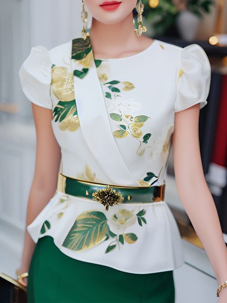 Elegant Floral Asymmetrical Puff Sleeve Blouse No Belt, As picture, Blouses and Shirts