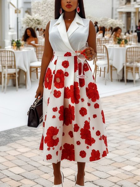 

Elegant Floral Printing Lapel Collar Sleeveless Midi Dress, White-red, Midi Dresses
