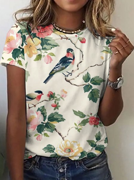 

Casual Floral Birds Art Print Crew Neck Short Sleeve T-shirt, Apricot, T-shirts