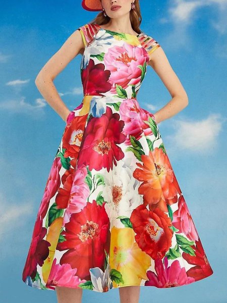 

Elegant Floral Square Neck Midi Dress, As picture, Midi Dresses