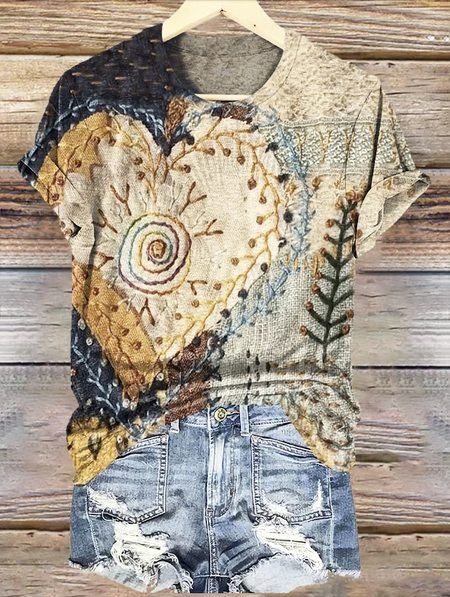 

Women's Geometric Short Sleeve Tee T-shirt Crew Neck Vintage Summer Top, As picture, T-Shirts