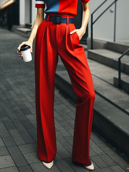 

Casual Plain Straight Pants No Belt, Red, Pants