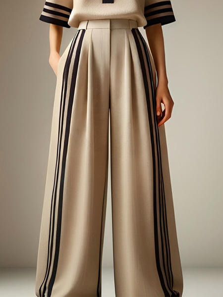 Casual Striped Split Joint Wide Leg Pants, Khaki, Pants