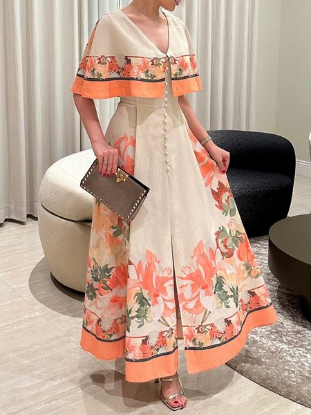 

Elegant Floral Raglan Sleeve Printing V Neck Maxi Dress, As picture, Maxi Dresses