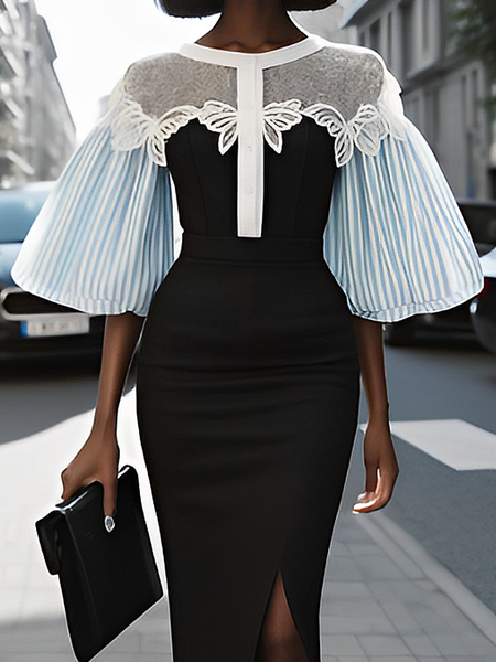

Elegant Color Block Split Joint Crew Neck Balloon Sleeve Blouse, As picture, Blouses and Shirts
