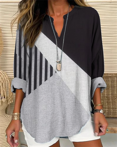 

Cotton-Blend Casual Color Block Shirt, Gray, Blouses