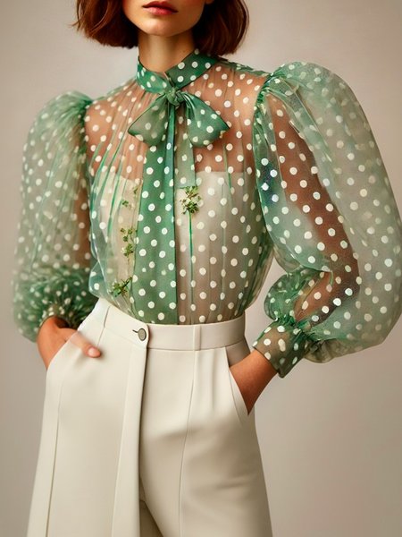 

Urban Polka Dots Mock Neck Balloon Sleeve Blouse（Includes Inner Wear）, Green, Blouses and Shirts