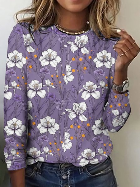 

Casual Floral Crew Neck Long Sleeve T-shirt, Light purple, T-shirts
