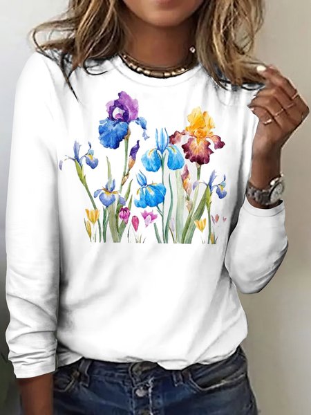

Casual Floral Crew Neck Long Sleeve T-shirt, White, T-shirts