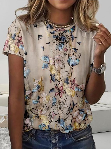 

Loose Casual Crew Neck Floral T-Shirt, Khaki, T-shirts
