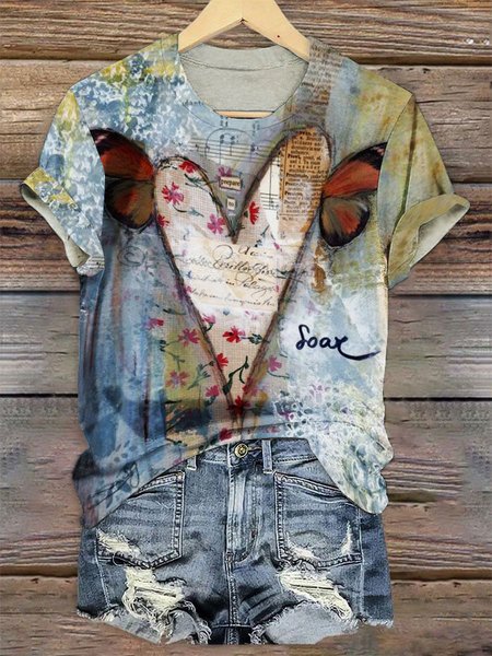 

Vintage Geometric Crew Neck Short Sleeve T-shirt, Light blue, T-shirts