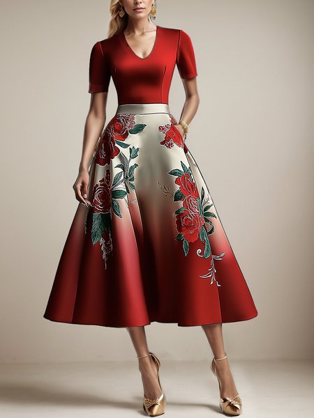 

Elegant Floral Printing U-Neck Maxi Dress, As picture, Midi Dresses