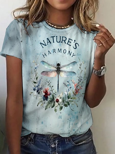 

Casual Floral Crew Neck Short Sleeve T-shirt, Light blue, T-shirts