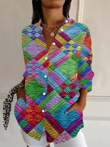 

Shirt Collar Long Sleeve Geometric Buckle Regular Loose Button Up Shirt Shirt For Women, As picture, Blouses