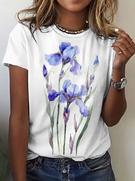 

Casual Floral Crew Neck Short Sleeve T-shirt, White, T-shirts