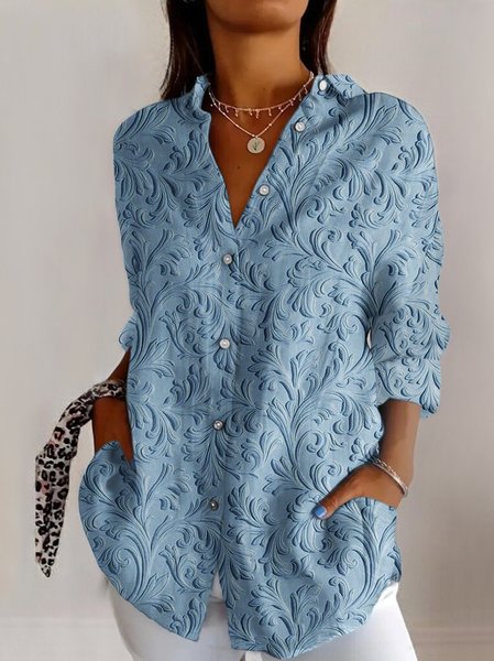 

3D plant flower casual long sleeved shirt, Light blue, Blouses