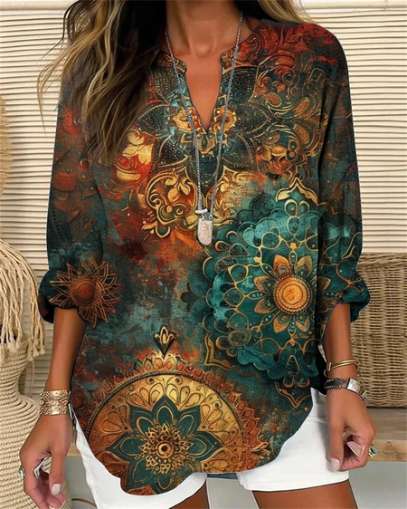 Simple Abstract V Neck Cotton-Blend Shirt, As picture, Blouses