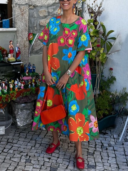 

Casual Floral Printing Crew Neck Loosen Maxi Dress, As picture, Maxi Dresses