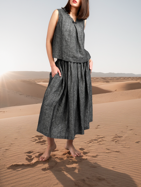 

V Neck Linen Loose Cotton And Linen Tank Top, Black-grey, Tank Tops & Camis