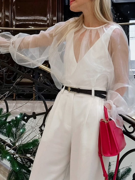 

Casual Plain Mesh Blouse Two Piece Set, White, Blouses and Shirts