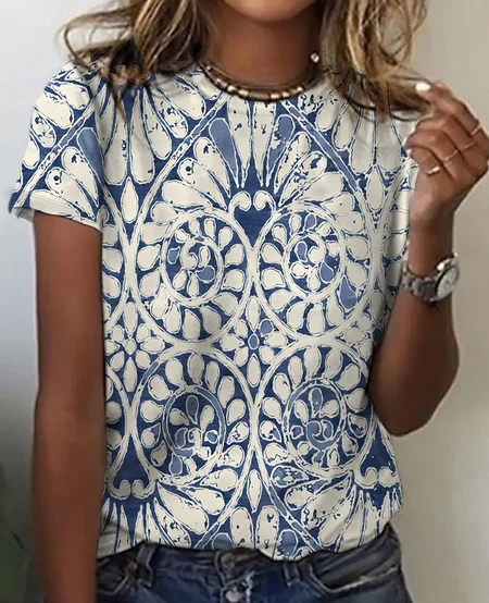 

Geometric Flower Color Contrast Cotton T-Shirt, As picture, T-shirts