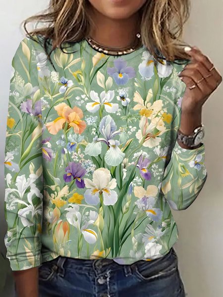 

Casual Floral Crew Neck Long Sleeve T-shirt, Lightgreen, T-shirts