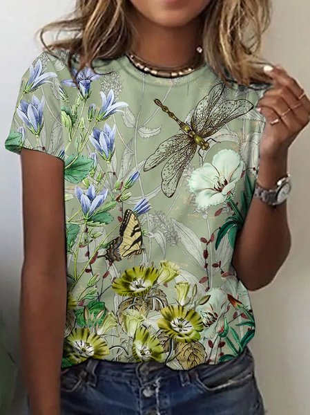 

Casual Floral Crew Neck Short Sleeve T-shirt, Lightgreen, T-shirts