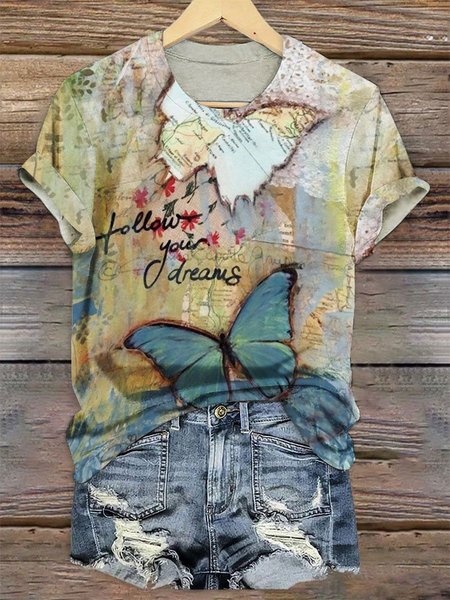 

Vintage Butterfly Art Pattern Print Crew Neck Short Sleeve T-shirt, Apricot, T-shirts