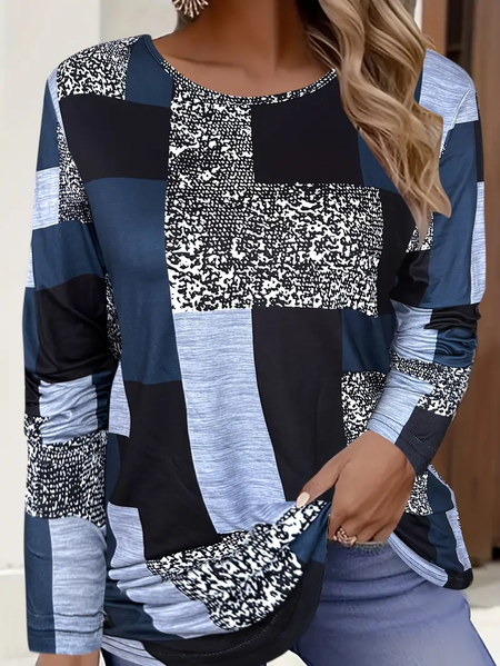 

Women's Abstract Plaid Long Sleeve Tee T-shirt Crew Neck Printing Casual Spring/Fall Graphic Tee Top, As picture, T-Shirts
