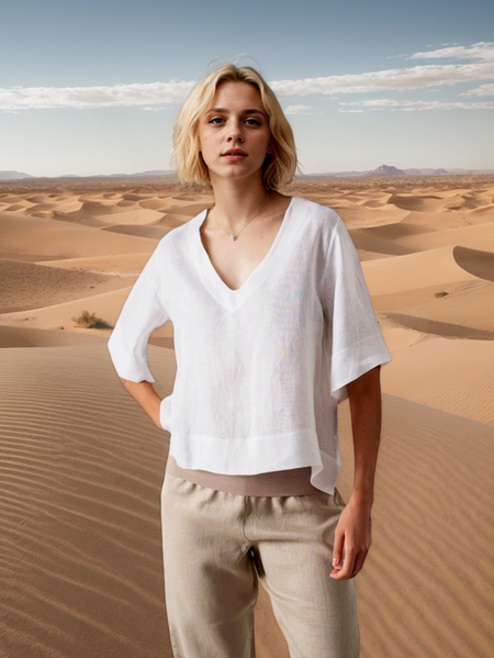 

V Neck Linen Loose Blouse, White, Short/3/4 Length Sleeve