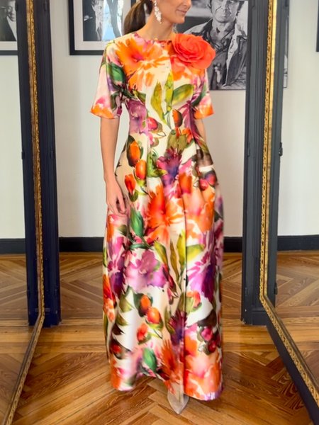 

Elegant Floral Crew Neck Maxi Party Dress With 3D Floral Brooch, As picture, Maxi Dresses