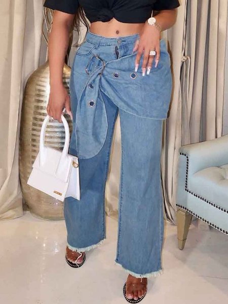 

Casual Plain Lace-up Denim Jeans, Blue, Jeans