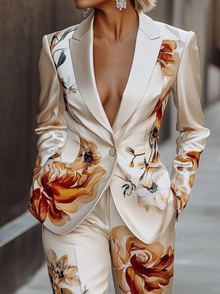 

Plus Size Elegant Regular Sleeve Pocket Stitching Floral Lapel Collar Blazer, As picture, Plus Outerwear