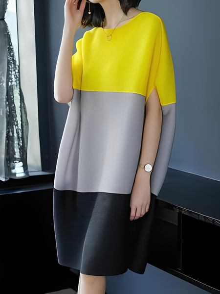 Elegant Color Block Loosen Knee Length Dress, As picture, Mini Dresses