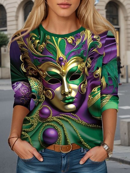 

Women's Face Art Print Long Sleeve T-Shirt, As picture, T-shirts