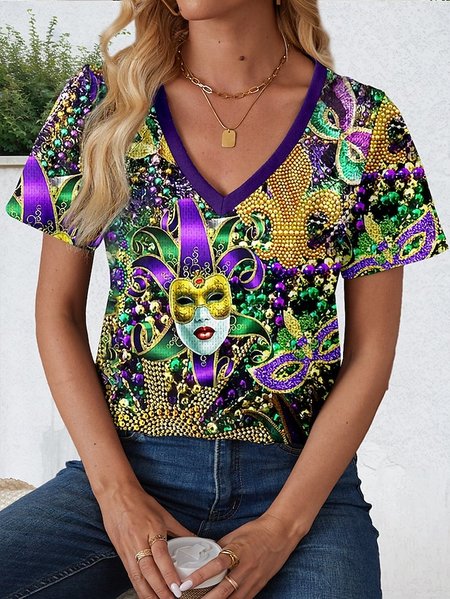 

Women's Face Art Print V-Neck Short Sleeve T-Shirt, As picture, T-shirts