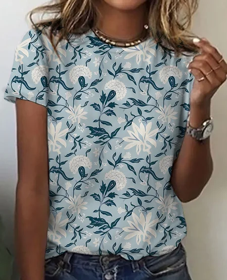 

Floral Contrast Short-Sleeved Top Cotton T-Shirt, Blue, T-shirts
